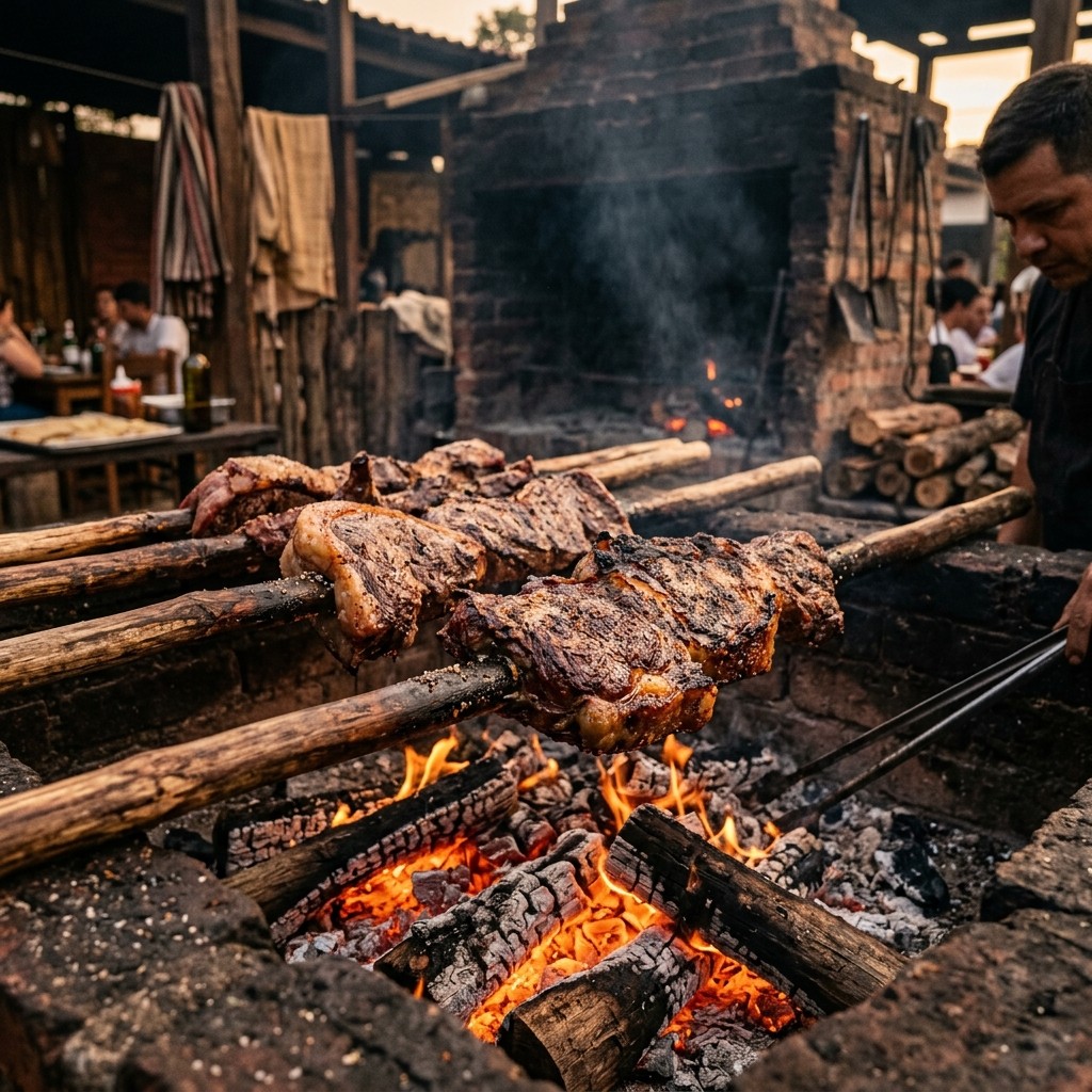 Carne en vara asándose sobre brasas de leña viva